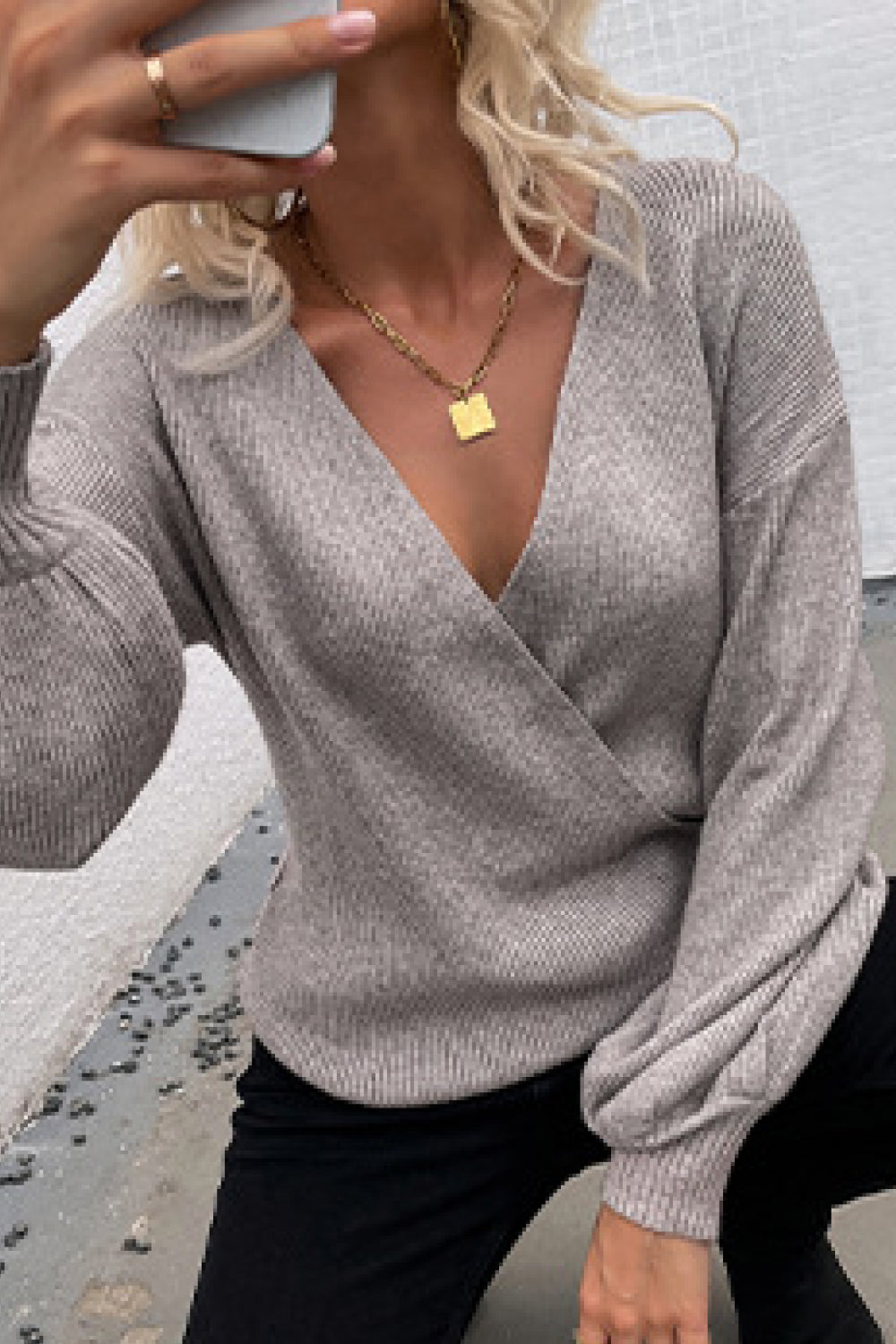 Lantern Sleeve Surplice Knit Sweater Ins Street