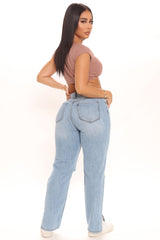 What The Split Ripped Straight Leg Jeans - Light Blue Wash Ins Street