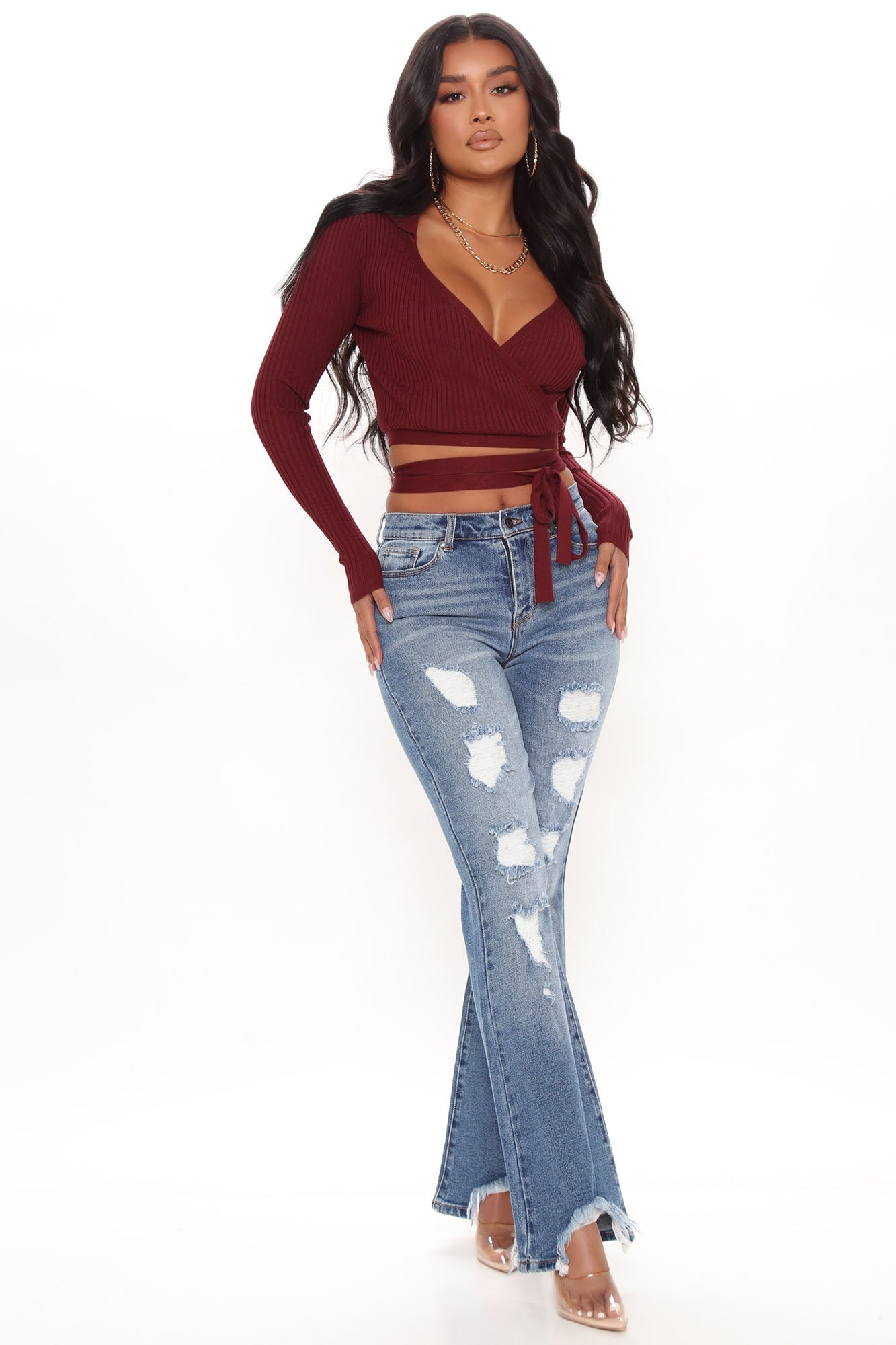 Get Like Me Distressed Flare Jeans - Dark Wash Ins Street
