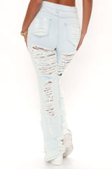 Shagadelic Destroyed Stretch Flare Jeans - Light Blue Wash Ins Street