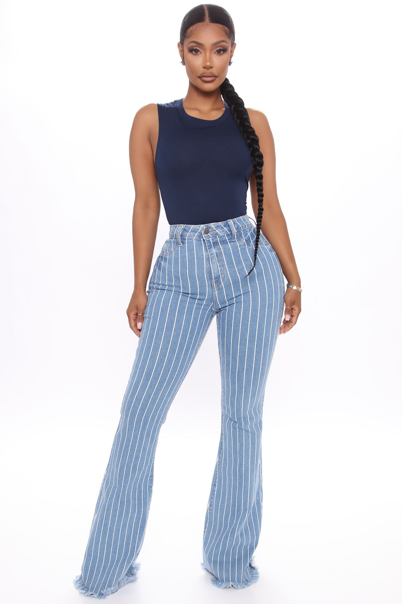 Crossed The Line Striped Flare Jeans - Light Blue Wash Ins Street