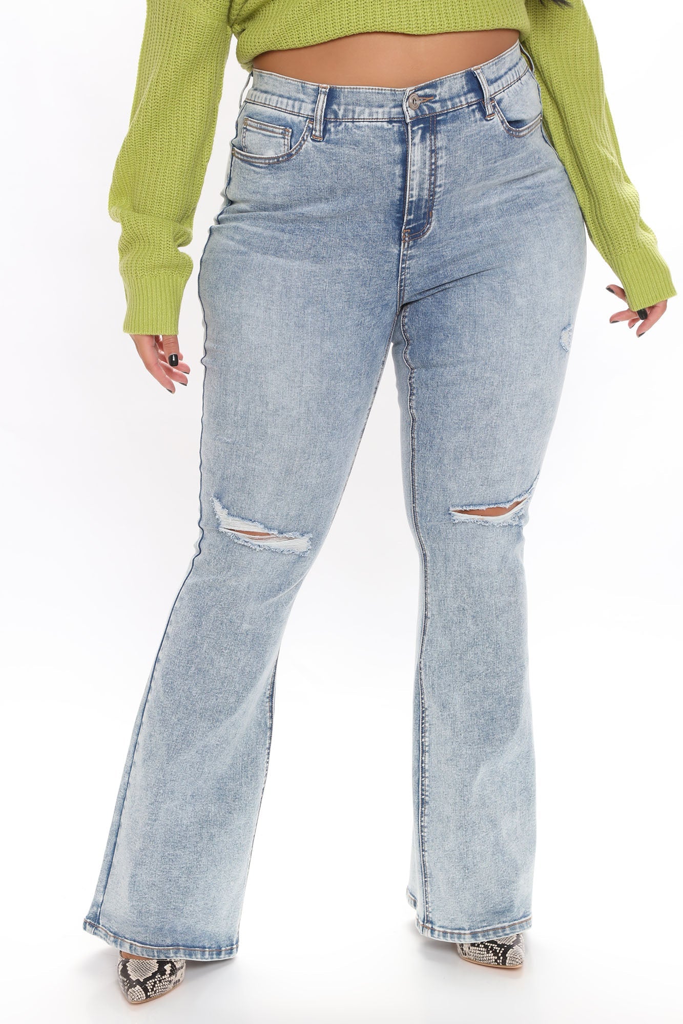 Curve Control Stretch Ripped Flare Jeans - Medium Blue Wash Ins Street