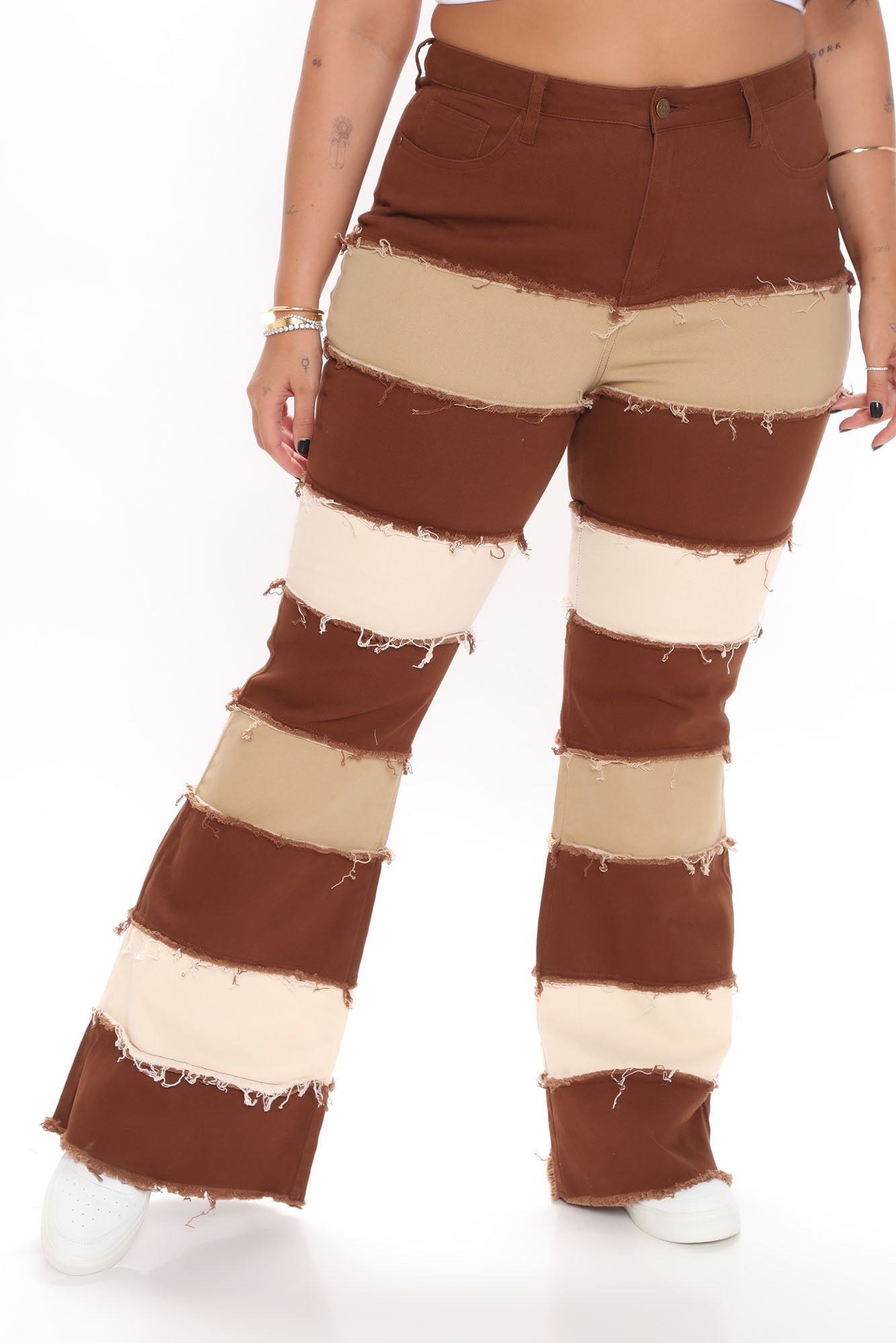 Natural Wonder Patchwork Flare Jeans - Brown/combo Ins Street