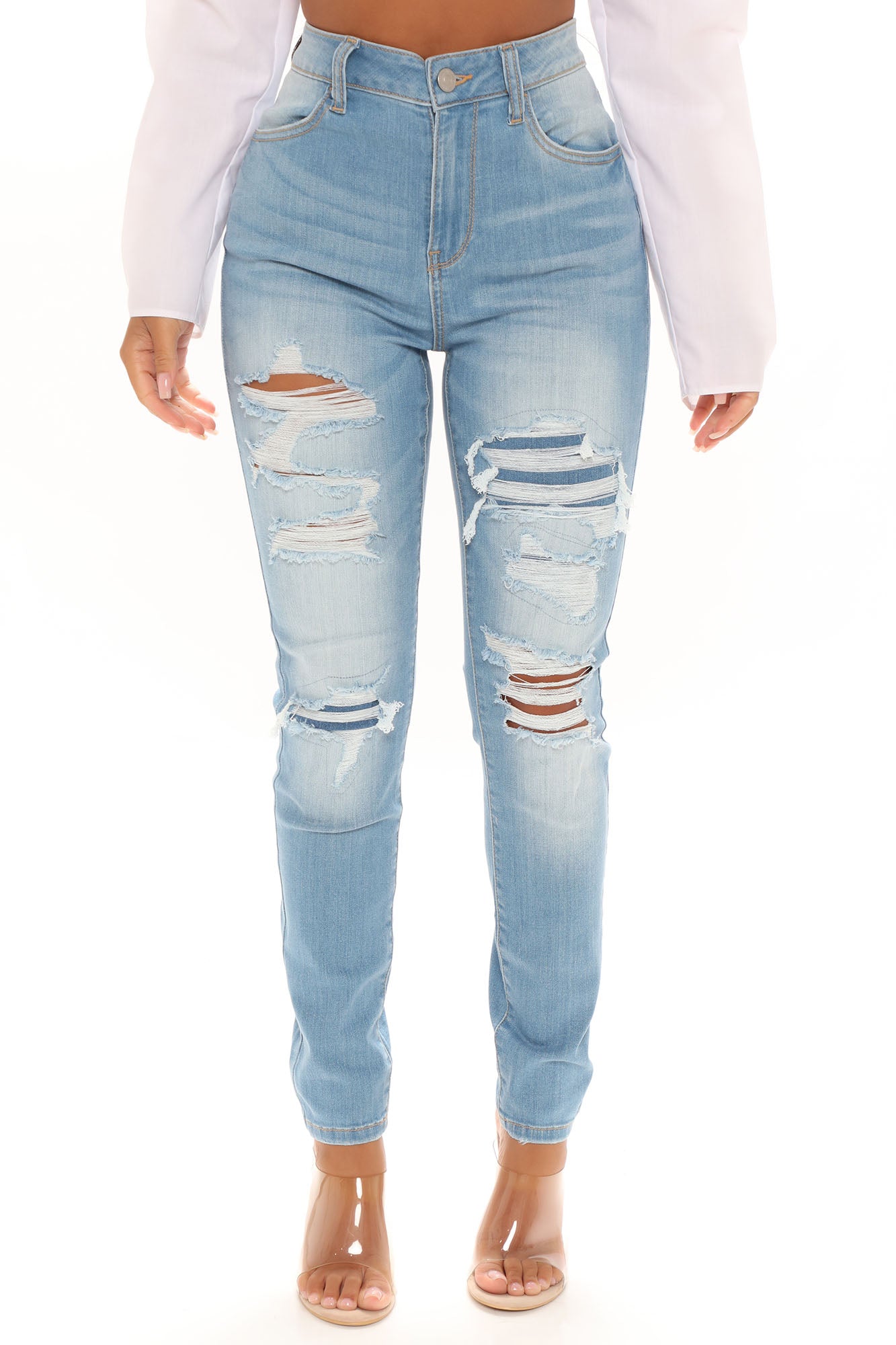 Mia Distressed Stretch Skinny Jeans - Light Blue Wash Ins Street