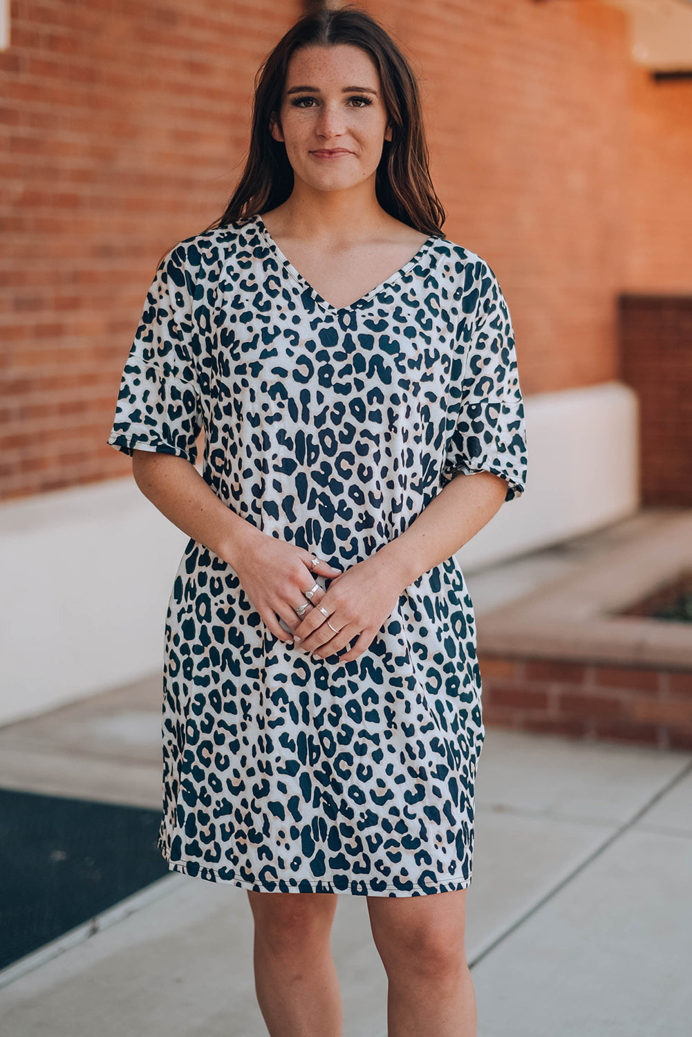 Leopard V-Neck Short Sleeve Mini Dress with Pockets Ins Street