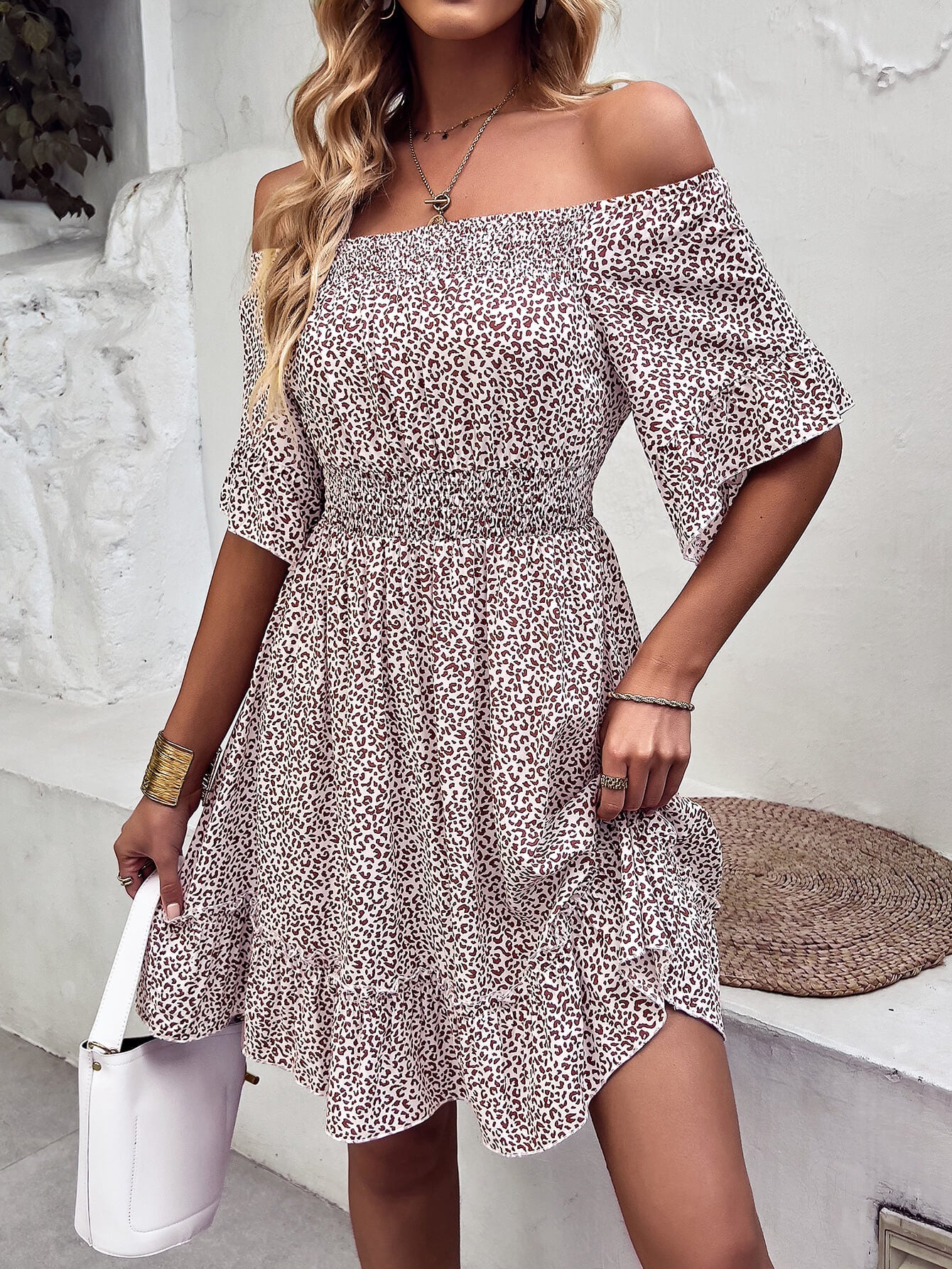 Leopard Print Off-Shoulder Frill Trim Mini Dress Ins Street