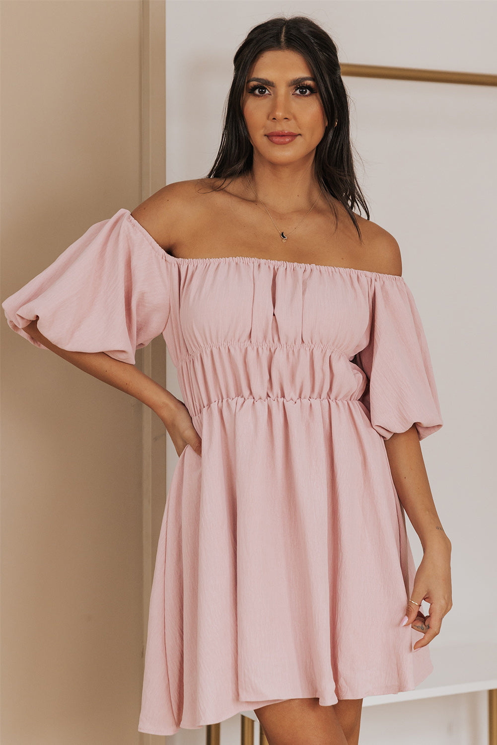 Off-Shoulder Balloon Sleeve Mini Dress Ins Street