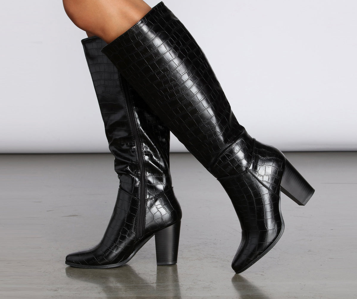 Crocodile Embossed Knee High Boots Ins Street