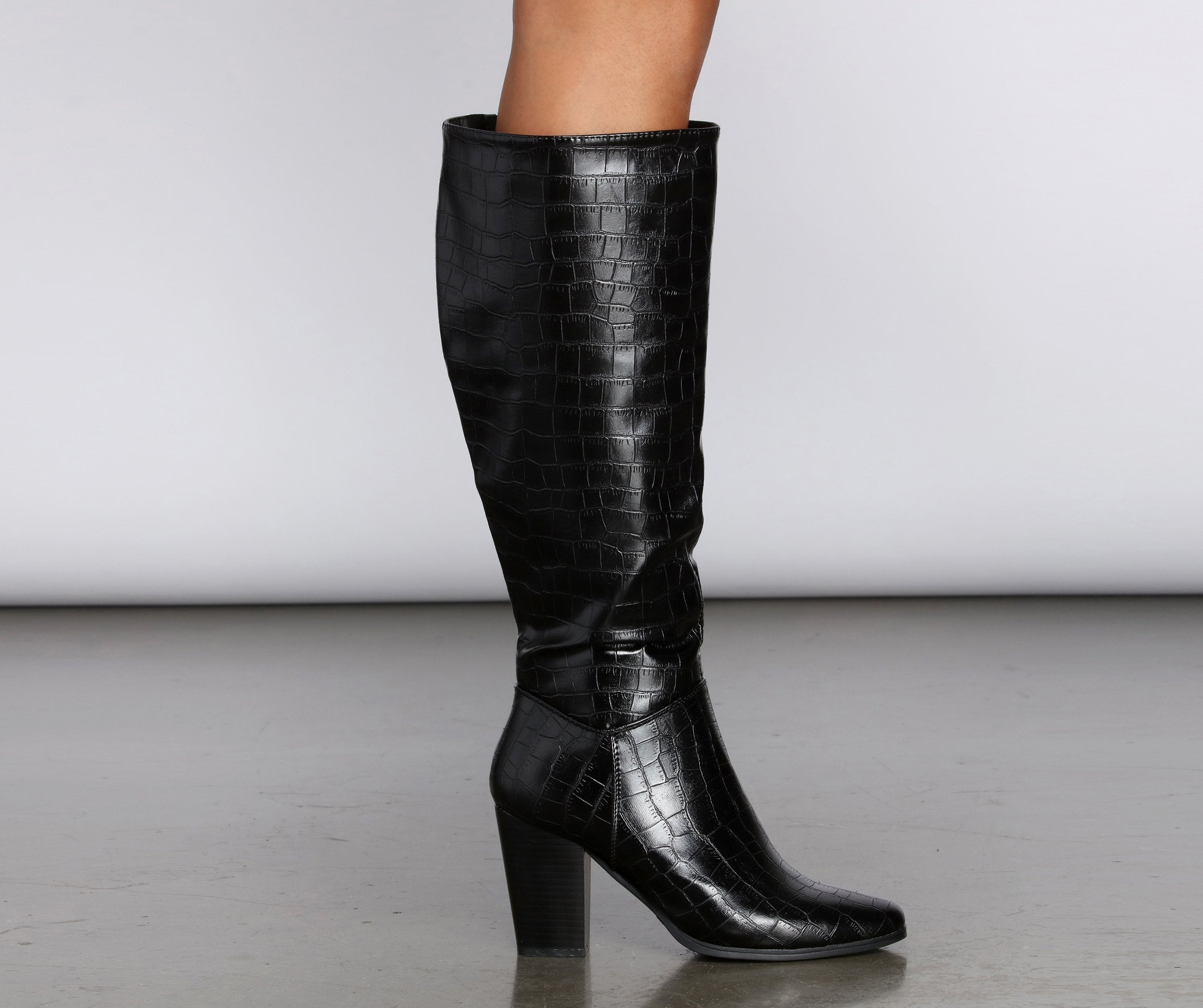 Crocodile Embossed Knee High Boots Ins Street