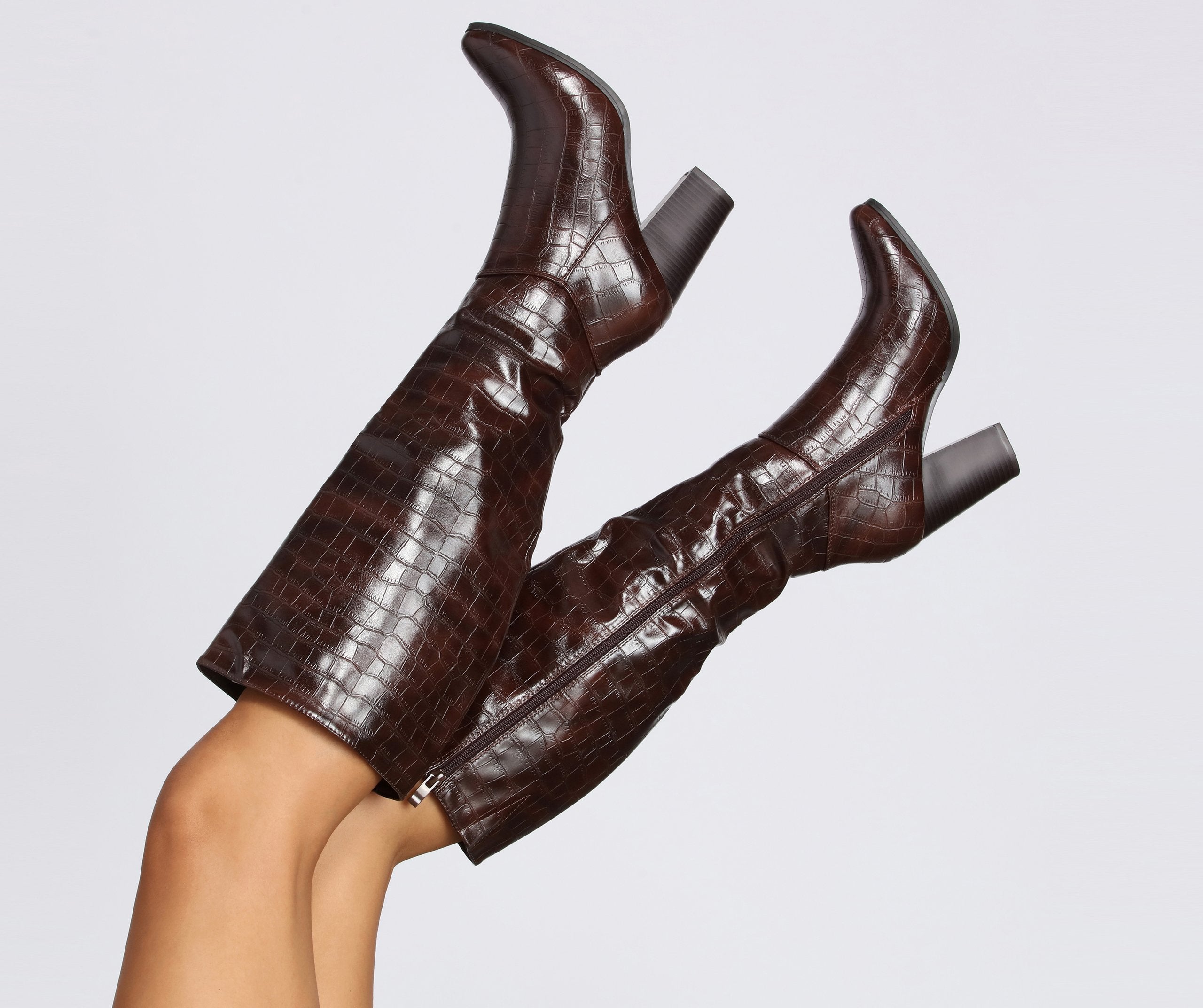 Crocodile Embossed Knee High Boots Ins Street