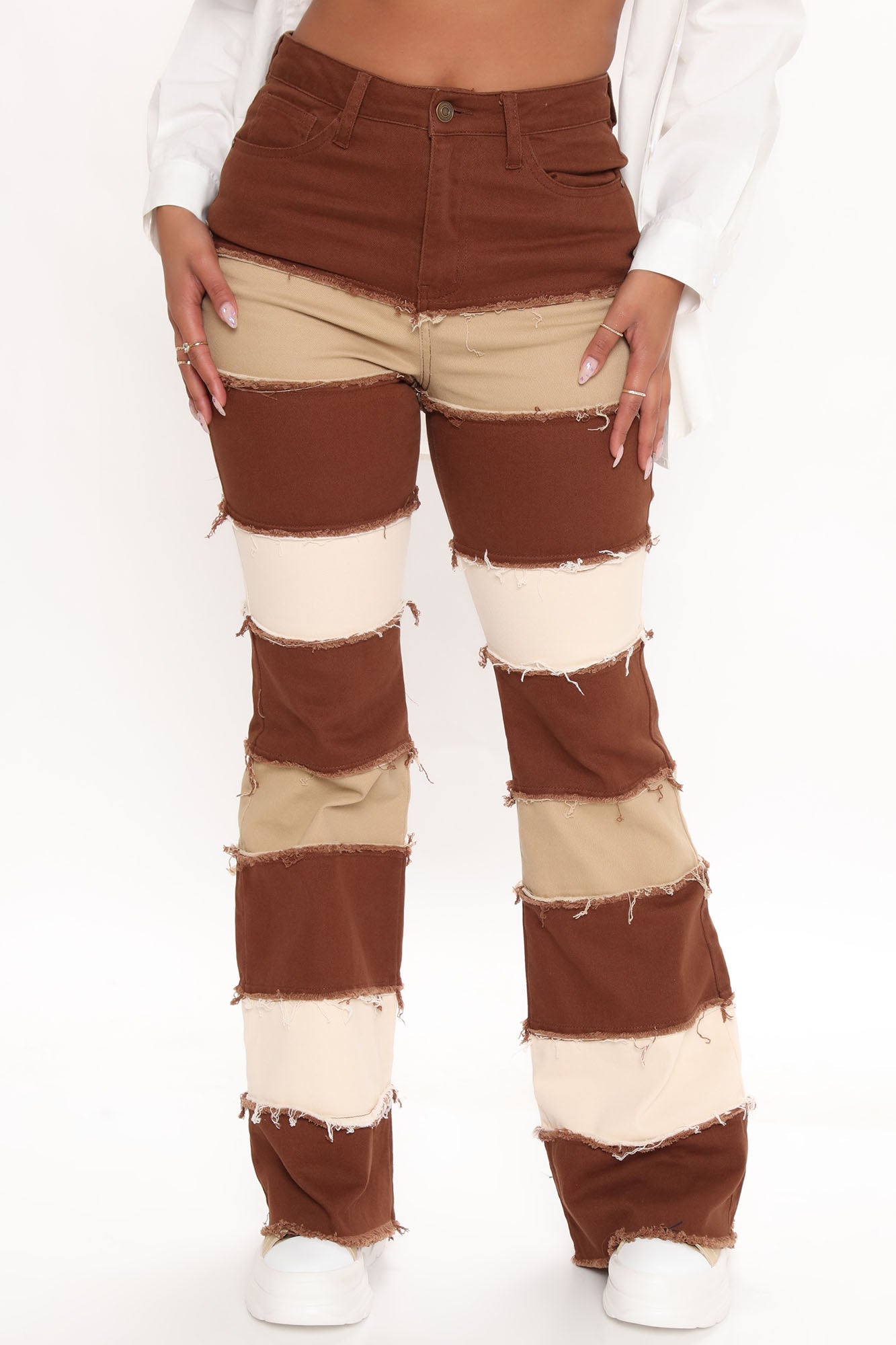 Natural Wonder Patchwork Flare Jeans - Brown/combo Ins Street