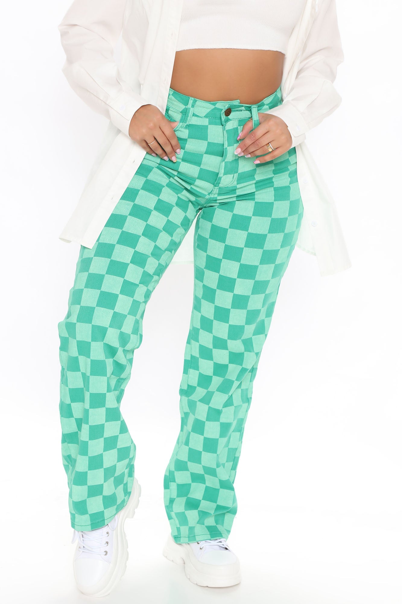 What The Check Straight Leg Jeans - Green Ins Street