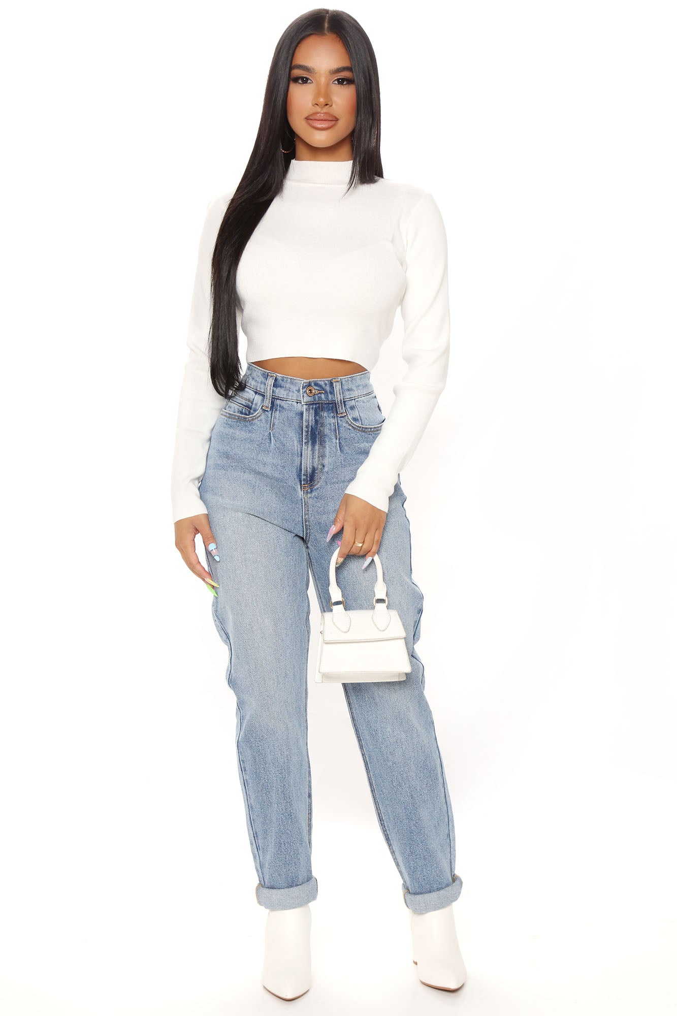 Albany Tapered Curvy Roll Cuff Balloon Jeans - Medium Blue Wash Ins Street