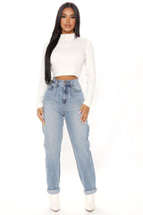 Albany Tapered Curvy Roll Cuff Balloon Jeans - Medium Blue Wash Ins Street
