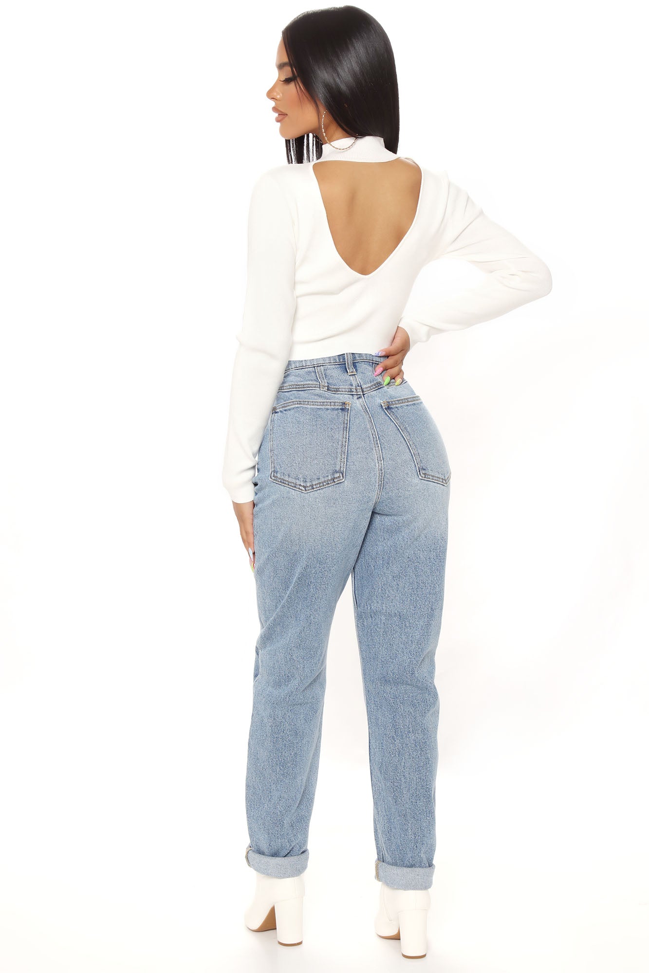 Albany Tapered Curvy Roll Cuff Balloon Jeans - Medium Blue Wash Ins Street