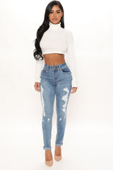 Recycled Distressed Mid Rise Booty Lifting Skinny Jeans - Medium Blue Wash Ins Street