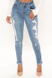 Recycled Distressed Mid Rise Booty Lifting Skinny Jeans - Medium Blue Wash Ins Street