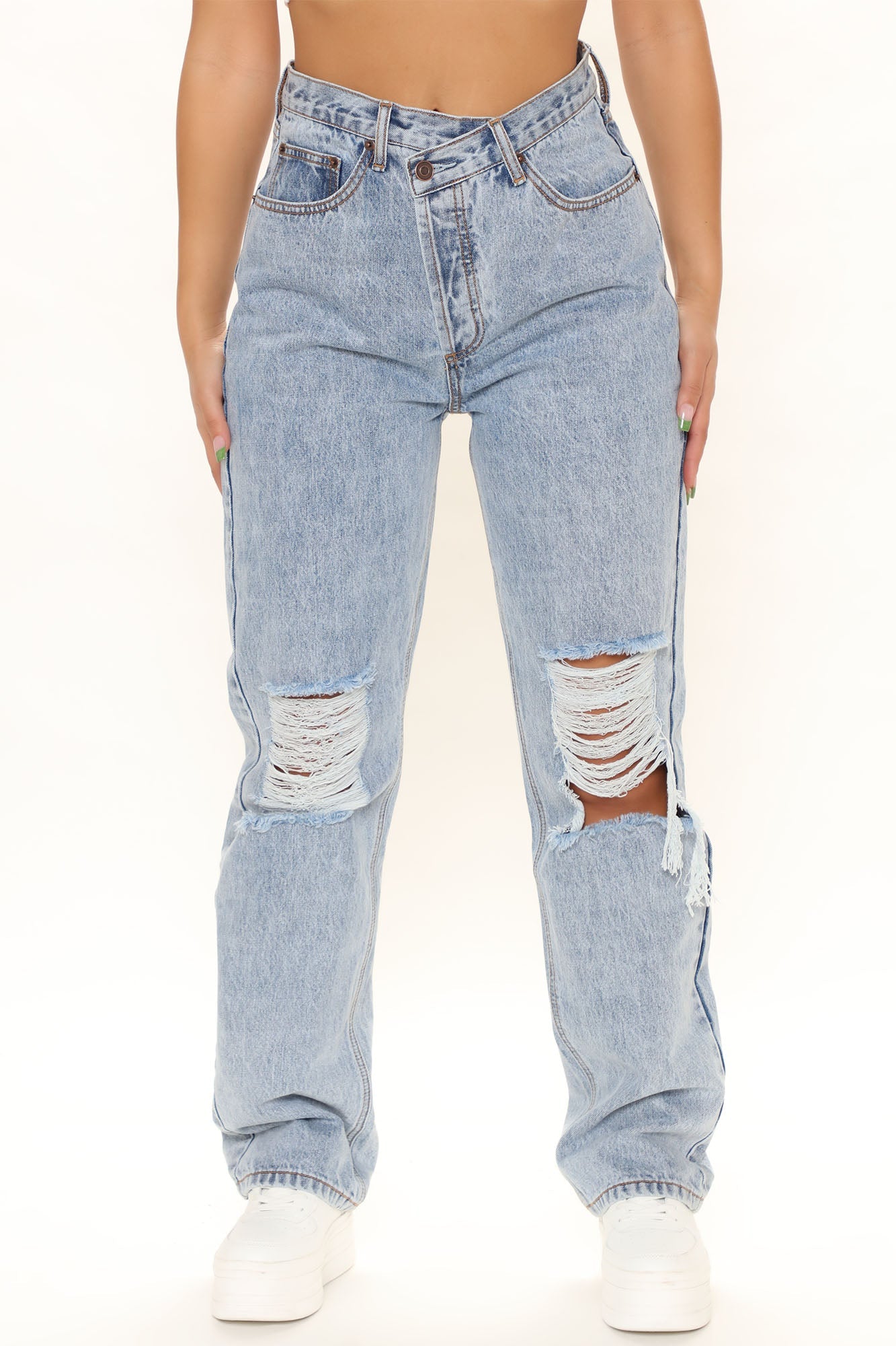Distressed Crossover Straight Leg Jeans - Light Blue Wash Ins Street