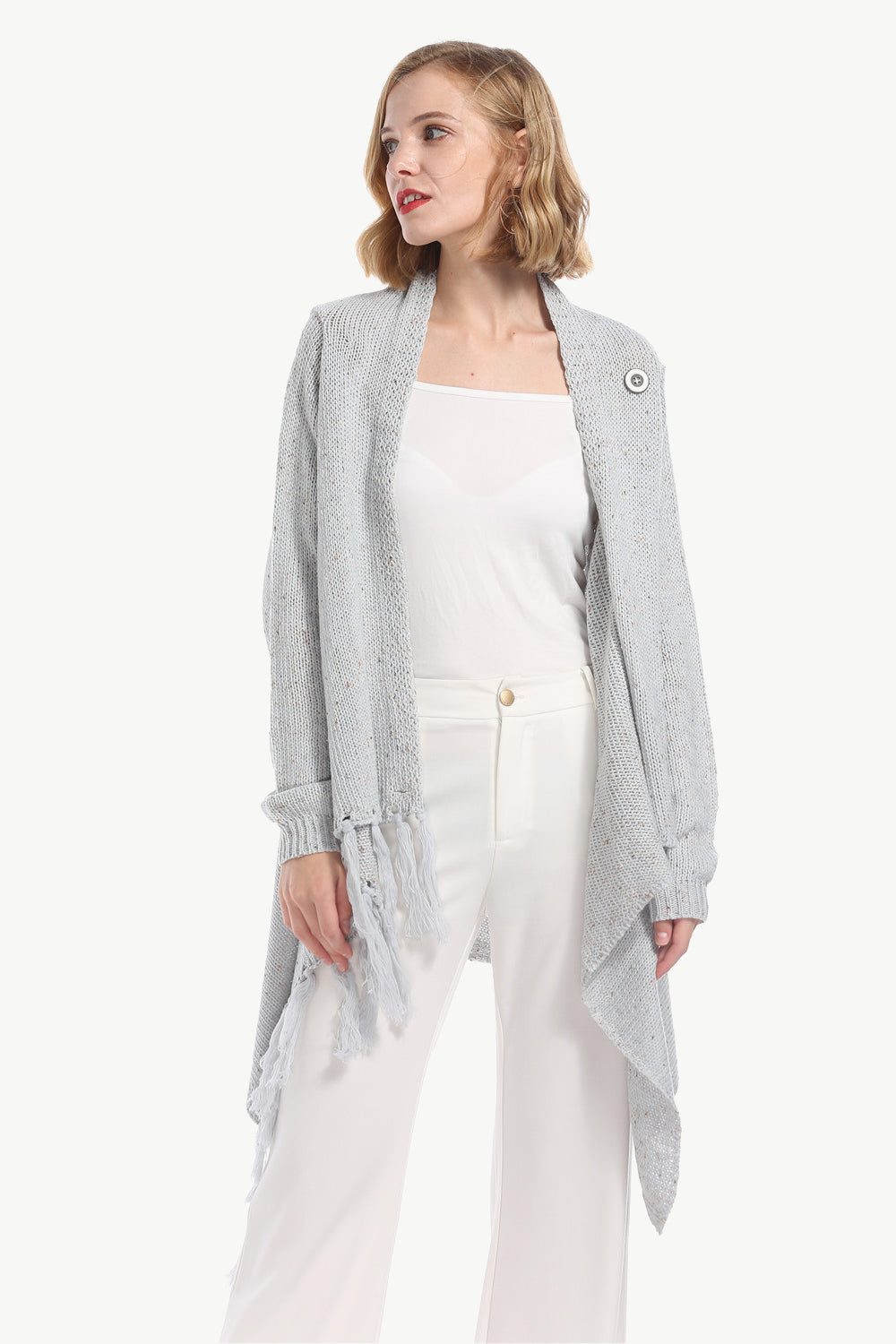 One-Button Tassel Tie Asymmetrical Hem Cardigan Ins Street