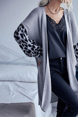 Leopard Sleeves Waffle Knit Open Front Cardigan Ins Street