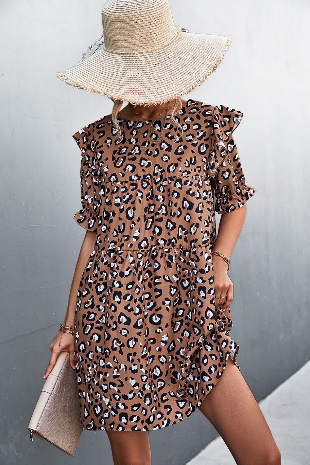 Leopard Print Ruffle Shoulder Mini Dress Ins Street