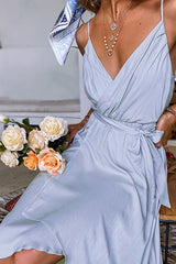 Simplee Casual Green V-neck Strap Midi Women Dress 2021 Asymmetrical Belt Holiday A-line Summer Dress Sleeveless Party Vestidos Ins street
