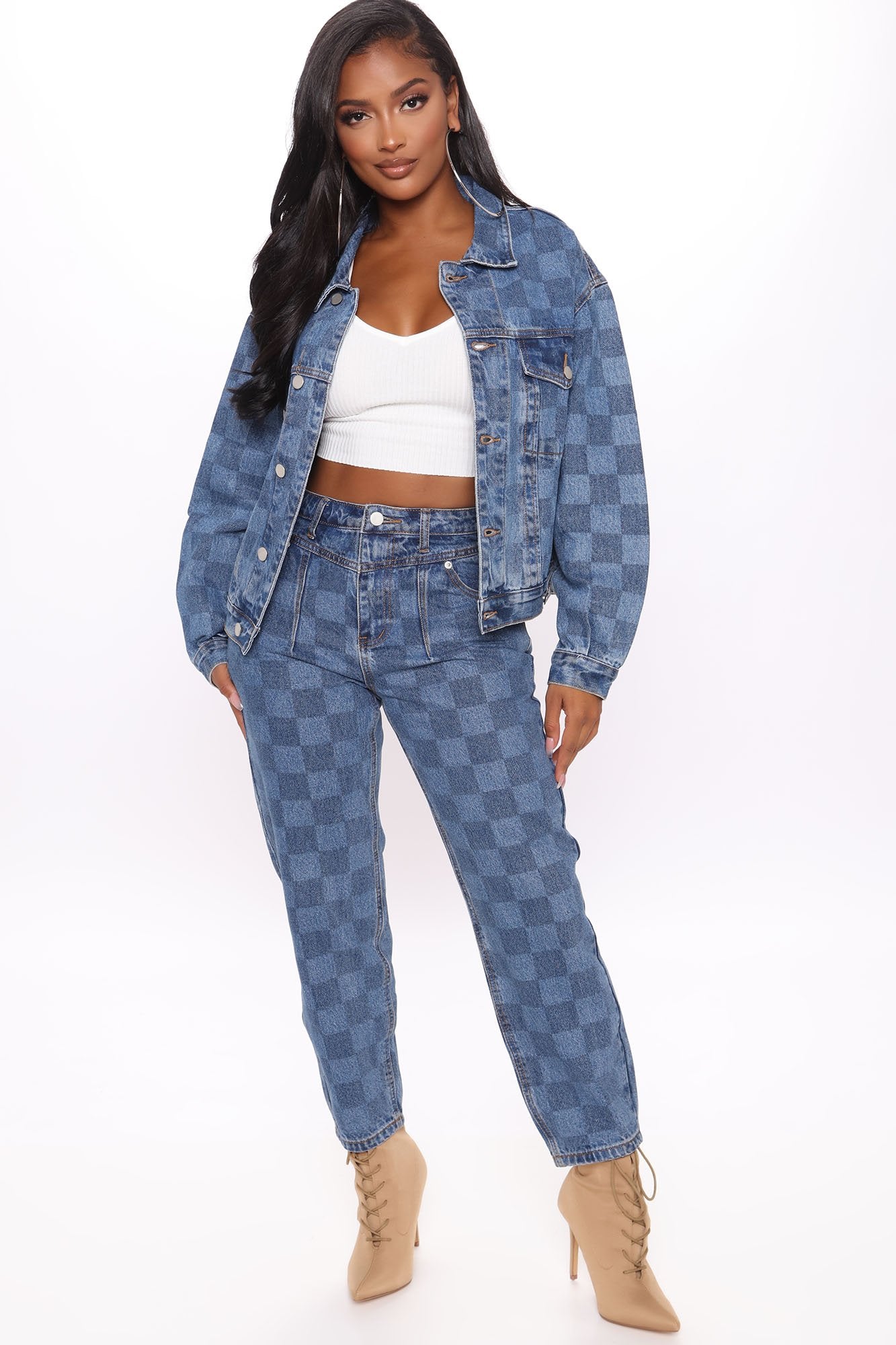 Game Maker Checkered Balloon Mom Jeans - Blue/combo Ins Street
