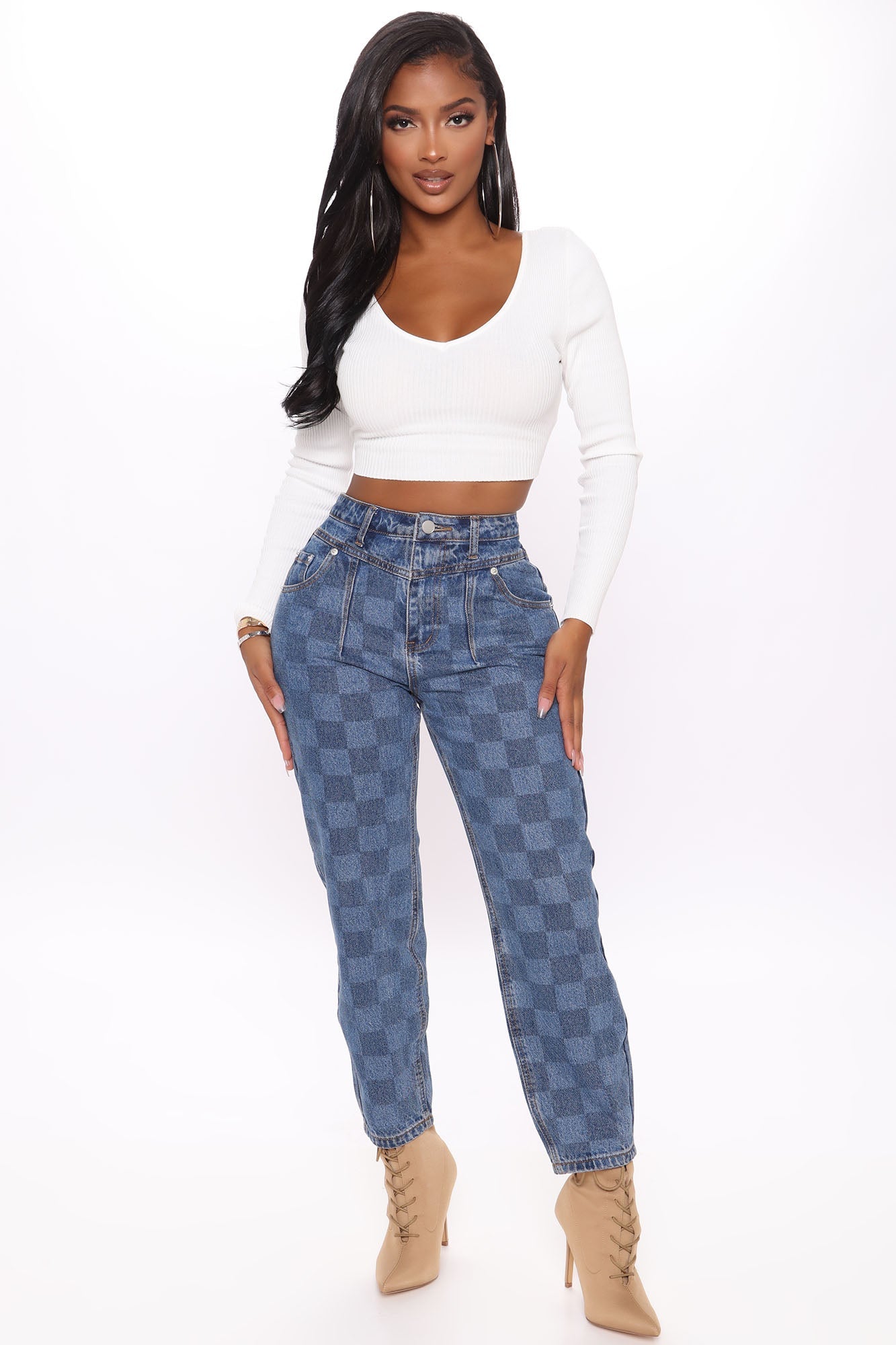 Game Maker Checkered Balloon Mom Jeans - Blue/combo Ins Street