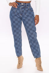 Game Maker Checkered Balloon Mom Jeans - Blue/combo Ins Street