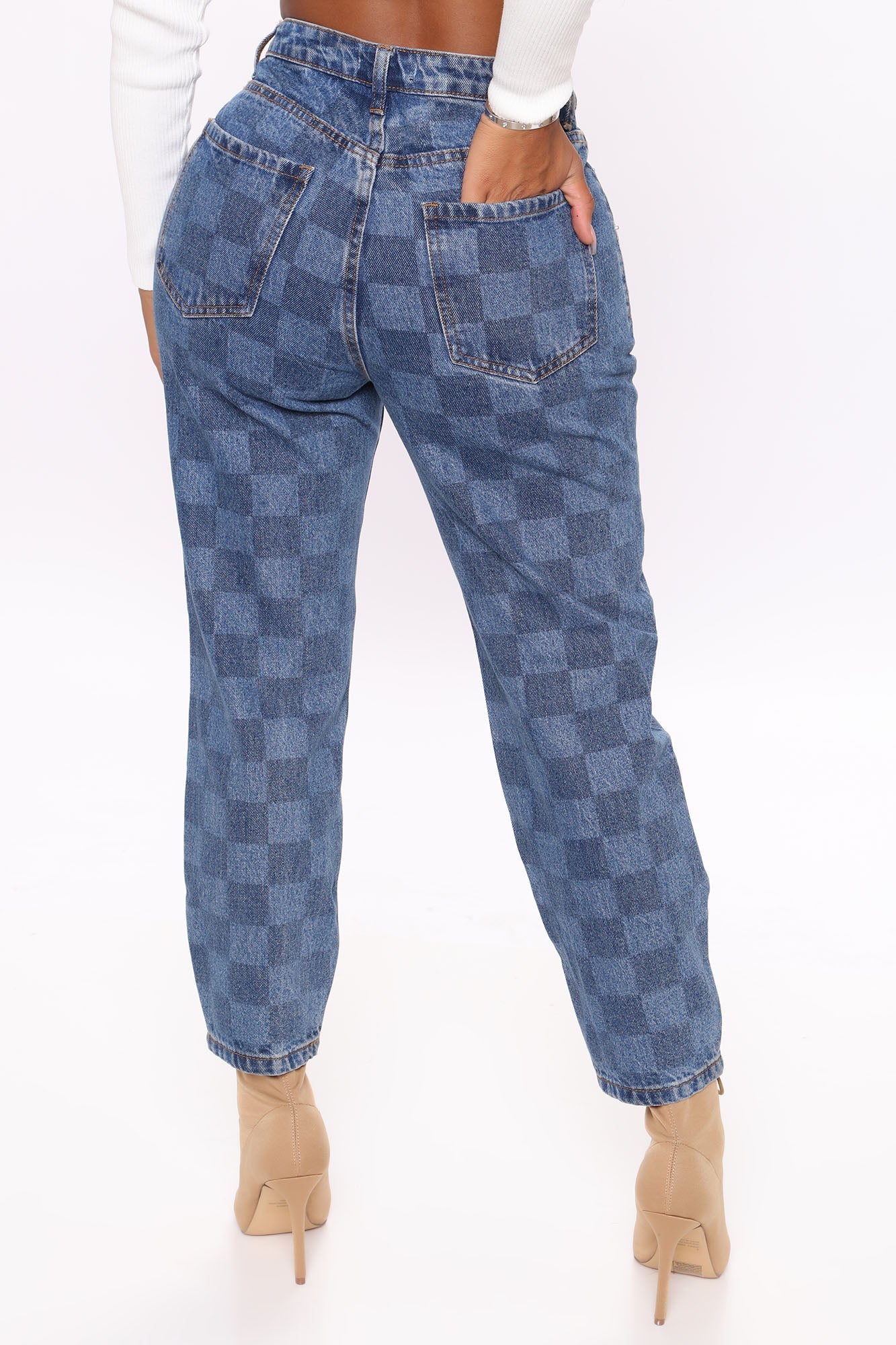 Game Maker Checkered Balloon Mom Jeans - Blue/combo Ins Street