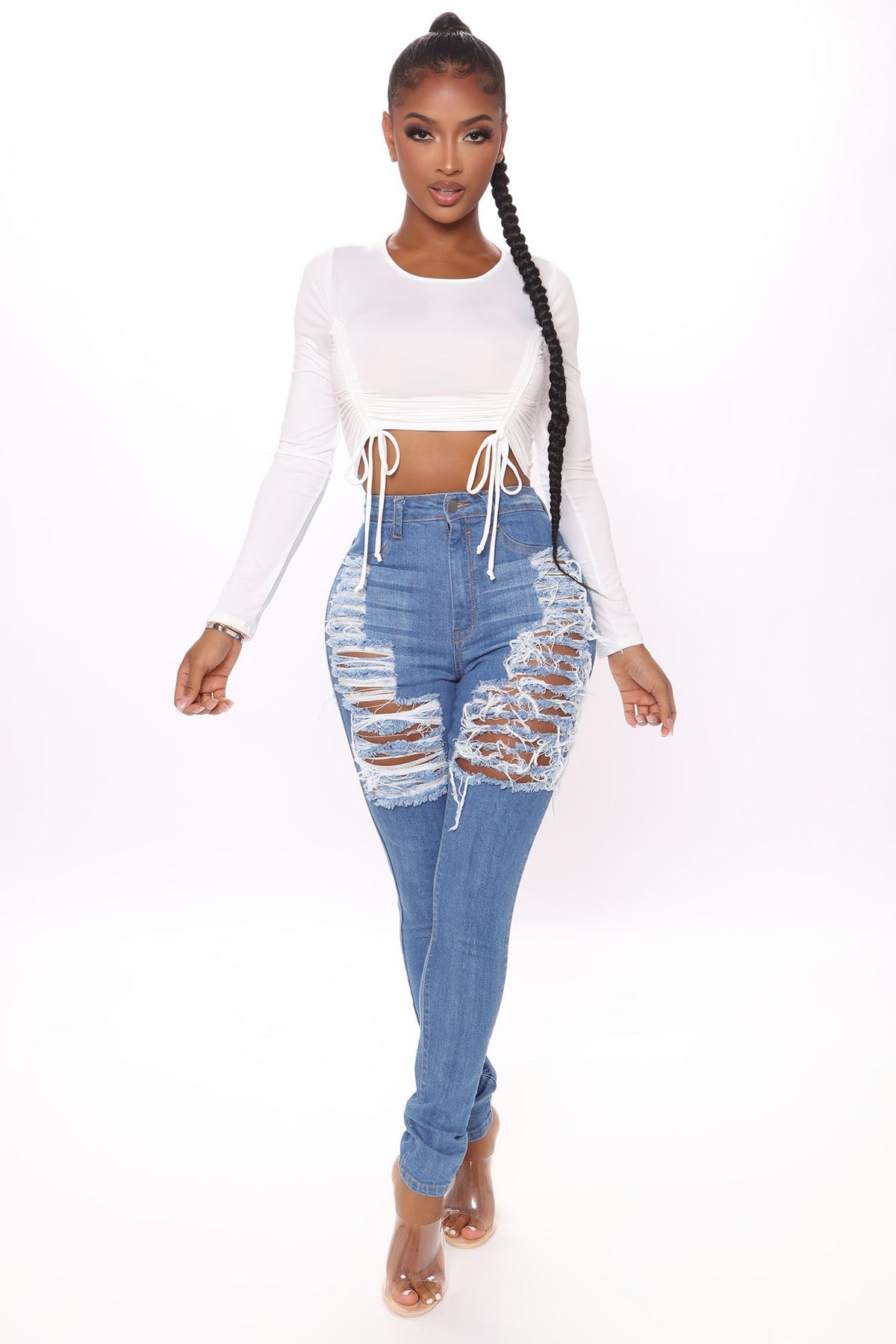 Yes Now Distressed Skinny Jeans - Medium Blue Wash Ins Street
