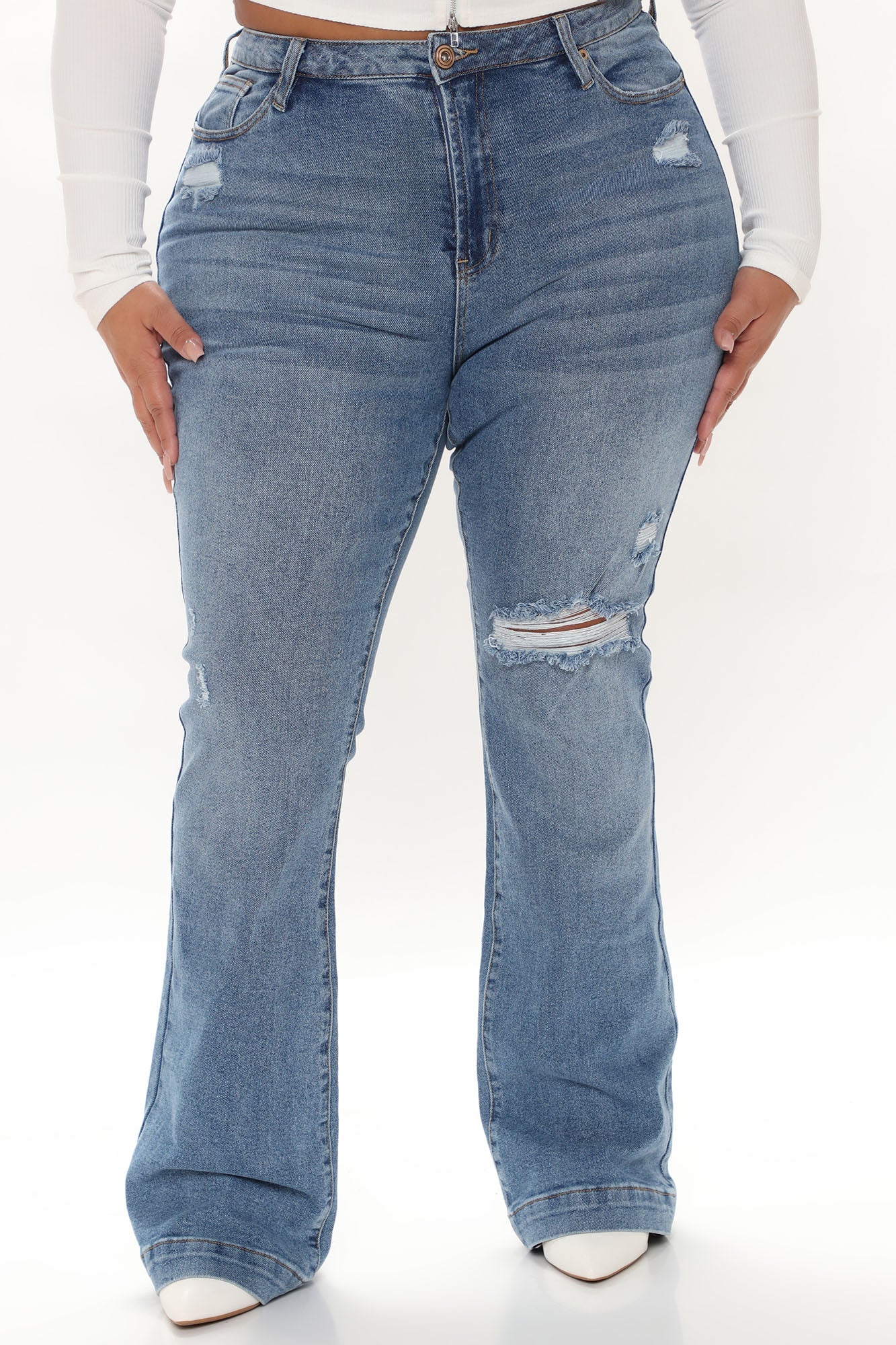 Only One For Me Distressed Bootcut Jeans - Medium Blue Wash Ins Street
