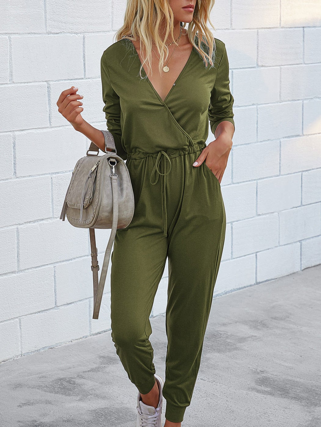 Deep V-Neck Long Sleeve Slim Fit Jumpsuit Ins Street