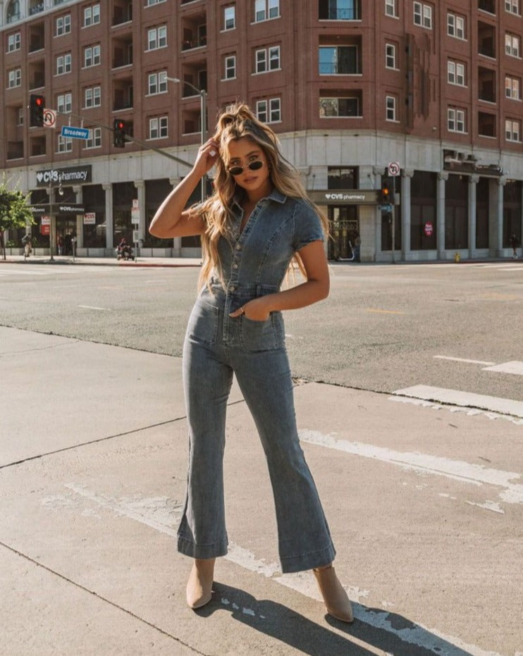 Longmont Pocketed Flared Denim Jumpsuit Ins Street