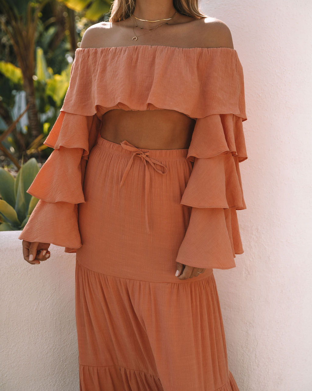 Leila Off The Shoulder Tiered Sleeve Crop Top - Peach Ins Street