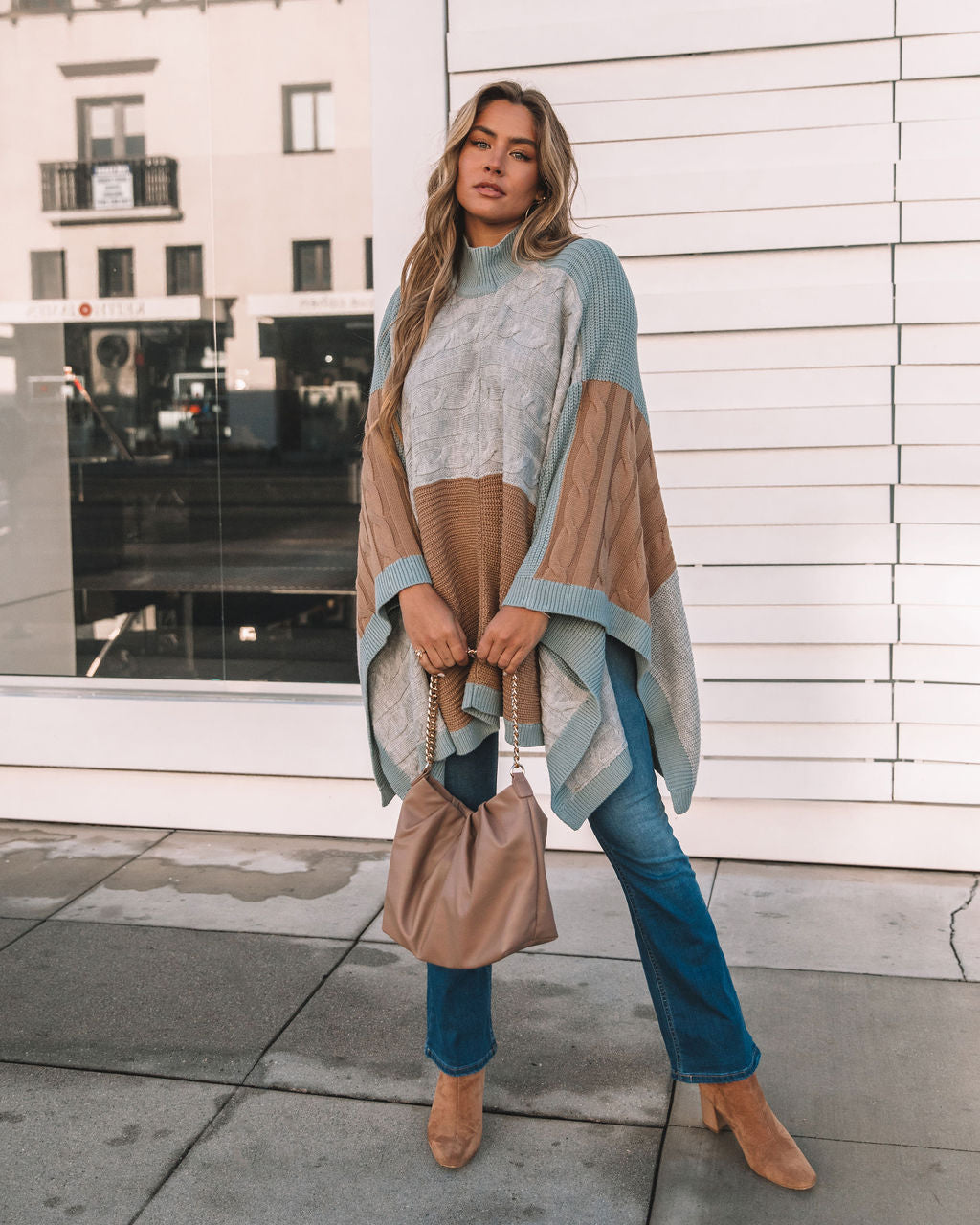 Whispers Of Winter Colorblock Cable Knit Poncho Ins Street