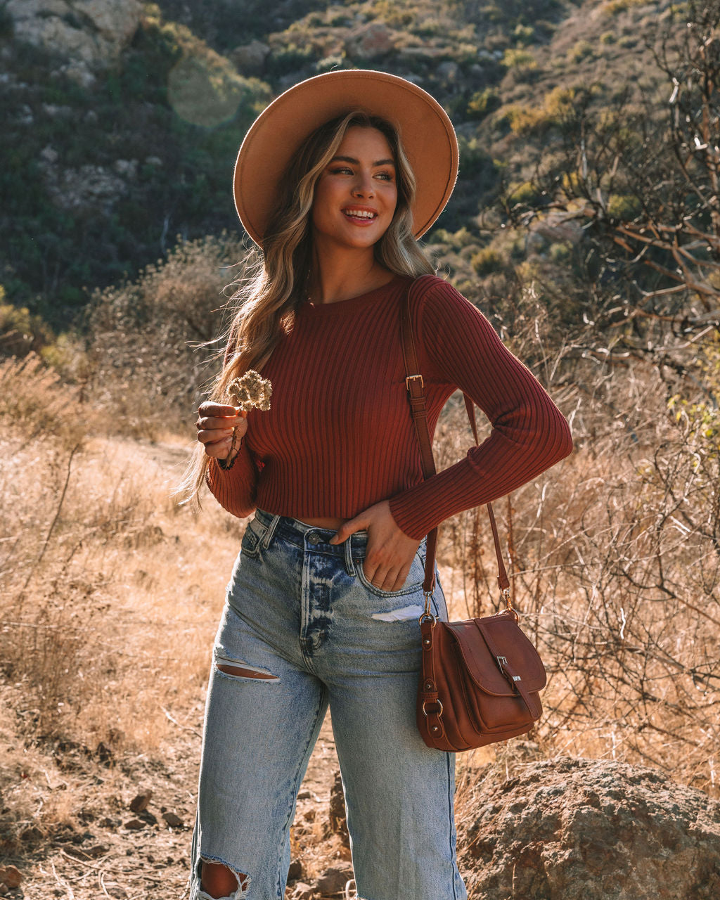 Faye Cropped Ribbed Knit Top - Brick Ins Street