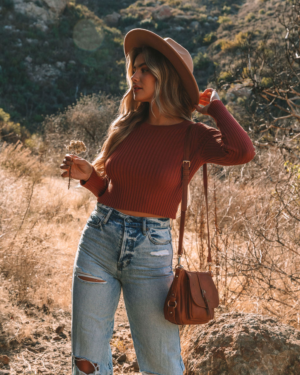 Faye Cropped Ribbed Knit Top - Brick Ins Street