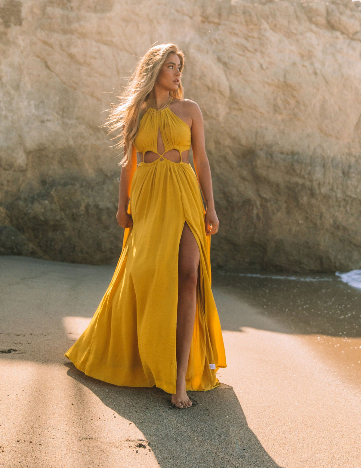 Cailey Cutout Halter Maxi Dress - Moss Yellow Ins Street