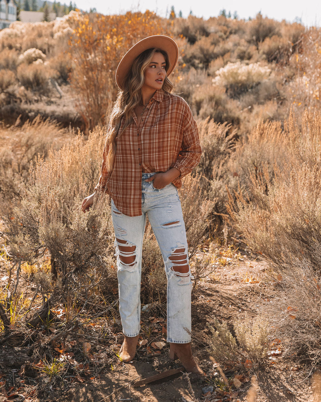 Journee Cotton Plaid Button Down Top - Burnt Orange Ins Street