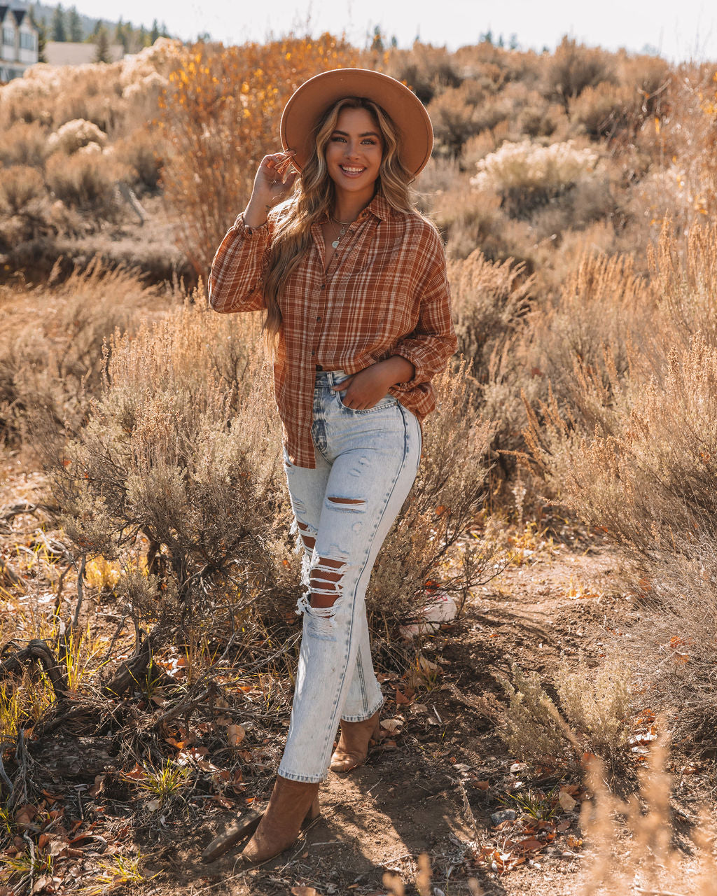 Journee Cotton Plaid Button Down Top - Burnt Orange Ins Street