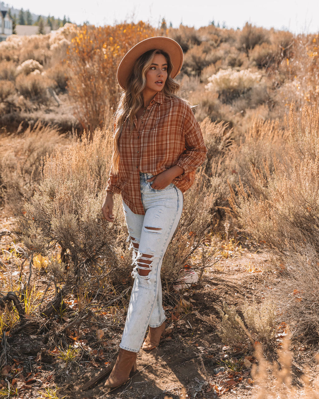 Journee Cotton Plaid Button Down Top - Burnt Orange Ins Street