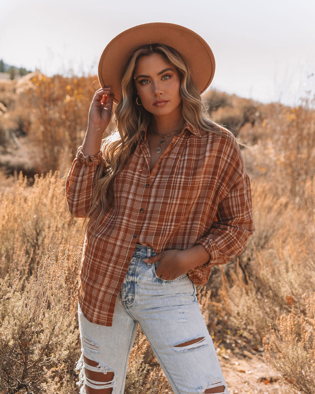 Journee Cotton Plaid Button Down Top - Burnt Orange Ins Street