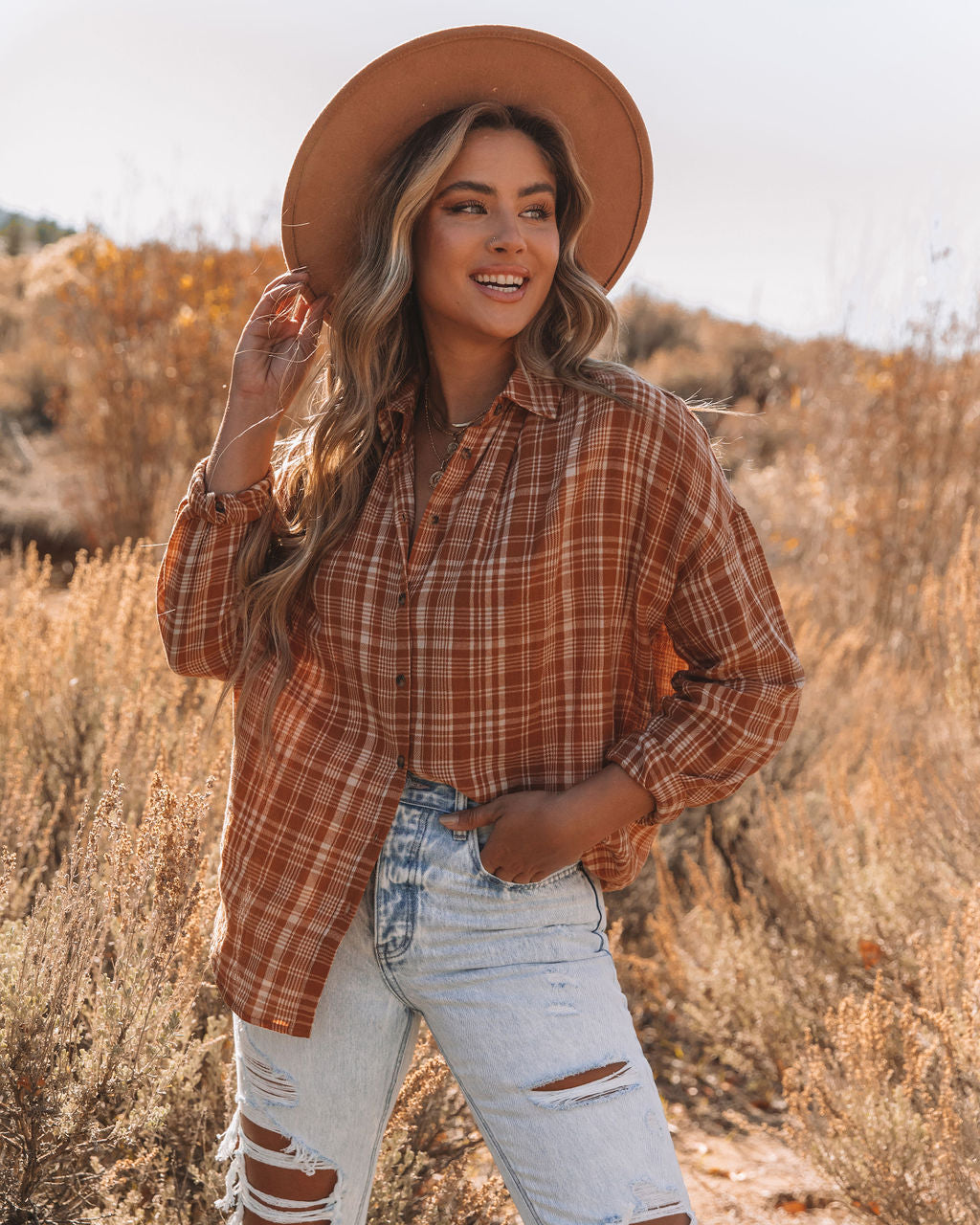 Journee Cotton Plaid Button Down Top - Burnt Orange Ins Street