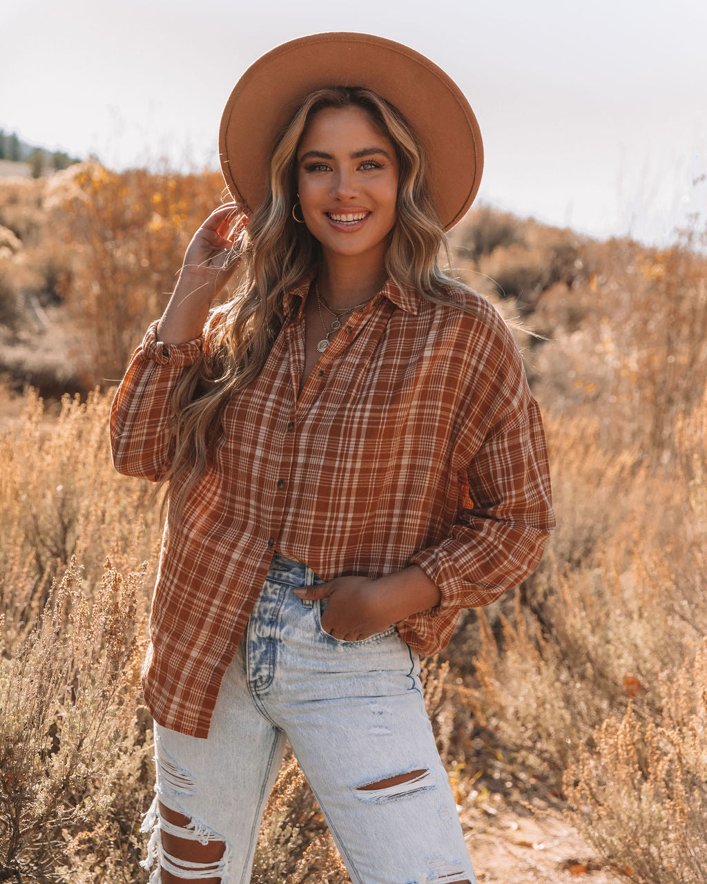 Journee Cotton Plaid Button Down Top - Burnt Orange Ins Street