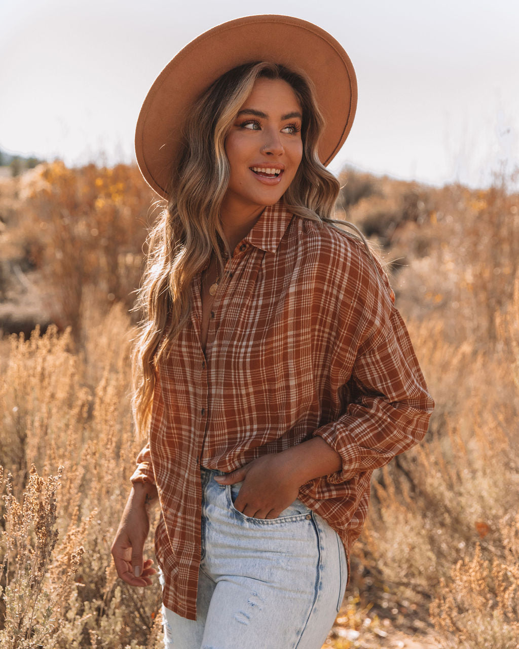 Journee Cotton Plaid Button Down Top - Burnt Orange Ins Street