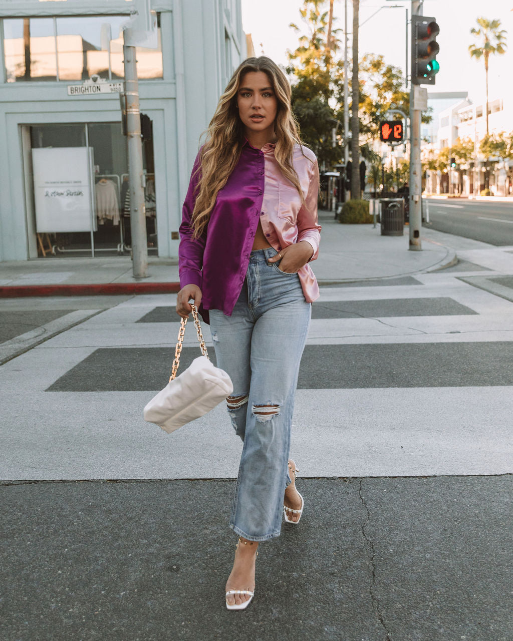 Kamia Satin Colorblock Button Down Blouse - Pink Purple - FINAL SALE Ins Street