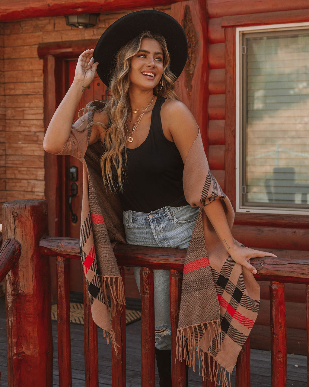 Maybrook Plaid Fringe Knit Poncho Ins Street