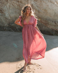 Anika Pocketed Button Down Ruffle Maxi Dress - Desert Rose FLAW-001