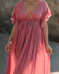 Anika Pocketed Button Down Ruffle Maxi Dress - Desert Rose FLAW-001